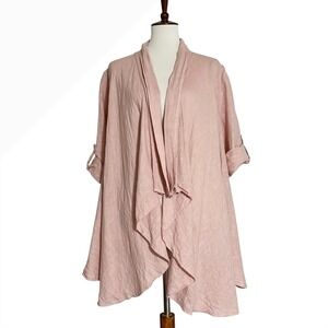 SAGA Italy Pink‎ 100% Linen Waterfall Draped Open Front Roll Tab Cardigan OS